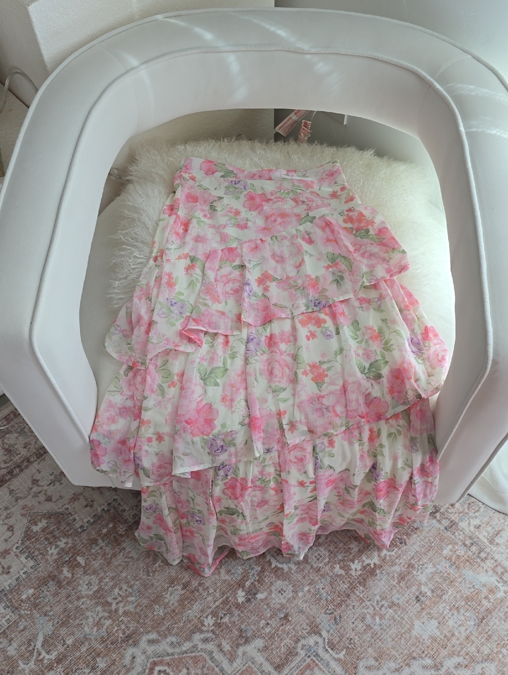 Altar'd State Floral Maxi Skirt in Pink and Green on Cream